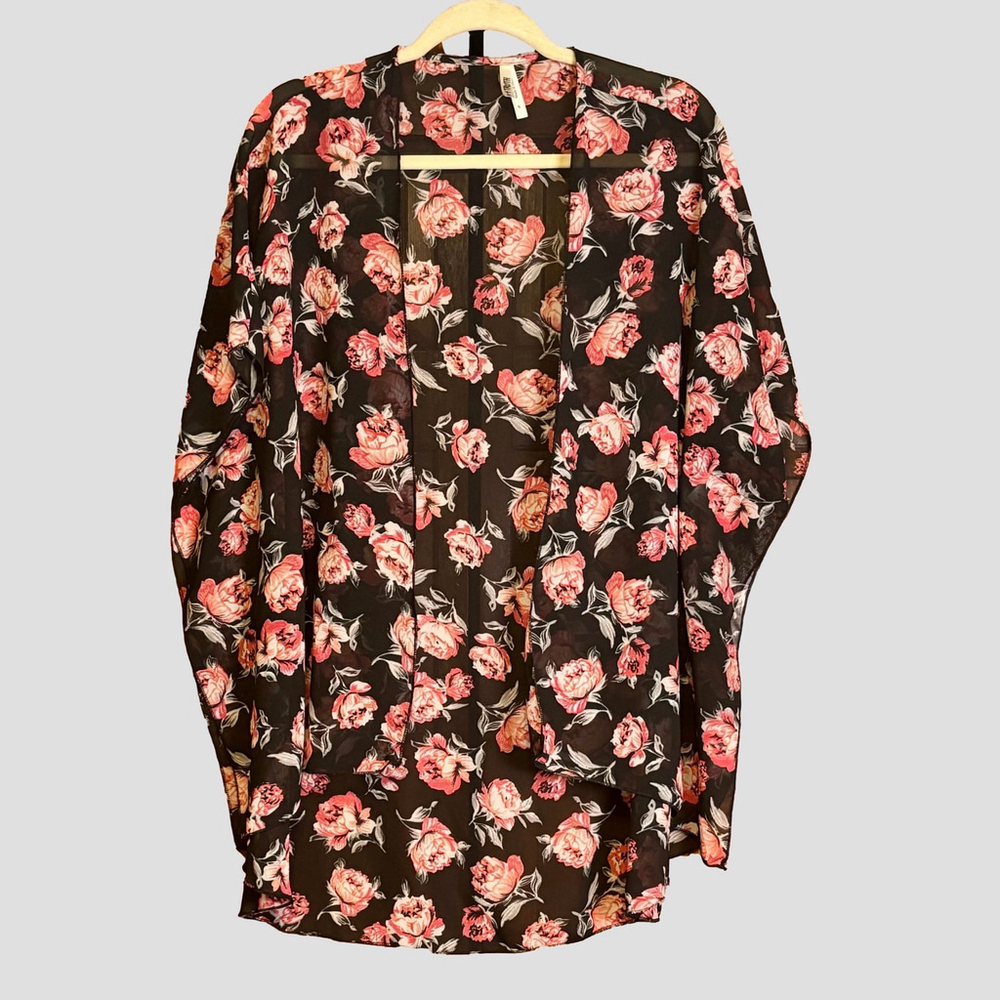 Live 4 Truth Black Pink Floral Sheer Kimono Cardigan S